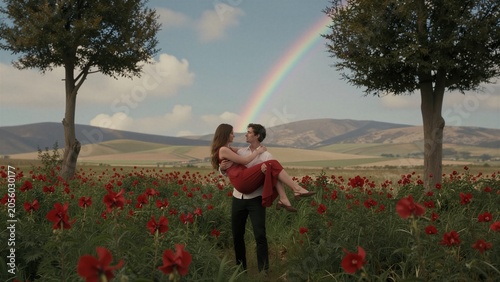 A man carries a woman through a vibrant poppy field under a majestic rainbow.
