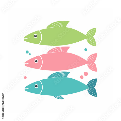 Three colorful cartoon fish with bubbles