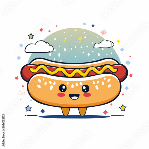 Cute Kawaii Hot Dog Character with Mustard