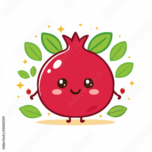 Cute Kawaii Pomegranate Character with Leaves and Stars