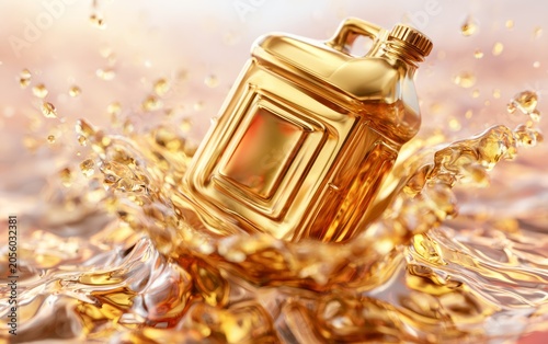 Luxurious Gold Perfume Bottle Splashing in Water with Golden Bubbles
