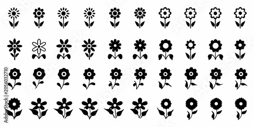 Vászonkép Black Flower Silhouettes Collection Minimalist Vector Icons On White Background