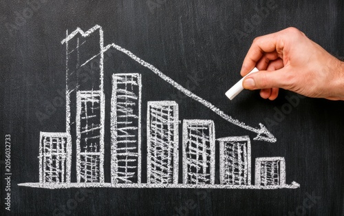 Hand Drawing Business Bar Chart with Declining Trend on Blackboard