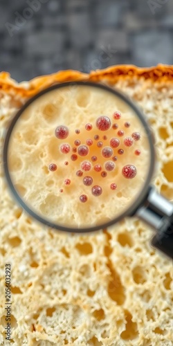 Crumbly bread surface shows clusters of germs under magnifying glass, dirty, mold