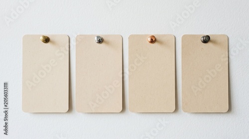 Four beige blank cards with assorted metal push pins on white wall