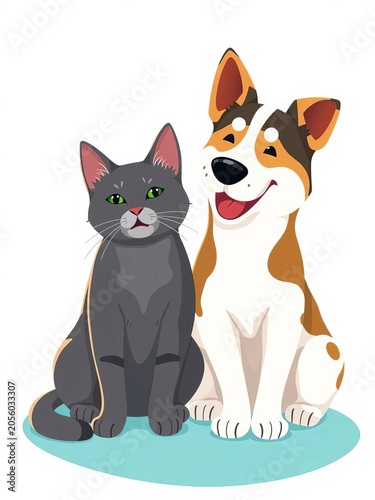 Flat design illustration of a calm cat and playful dog sitting together in harmony, together, friendly