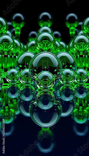 Geometric spheres arranged in a repeating pattern on a reflective surface, surrounded by green glass trophies, creative, arrangement