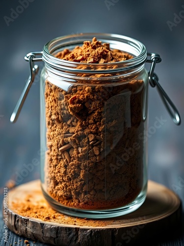 Glass jar filled with aromatic ground cinnamon, pantry, baking