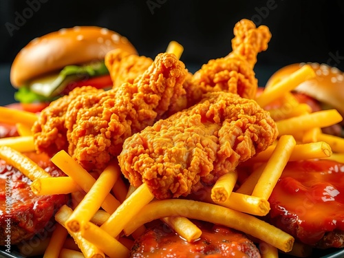Golden crispy chicken pieces on a bed of golden fries surrounded by juicy burger patties, ||food, comfort food