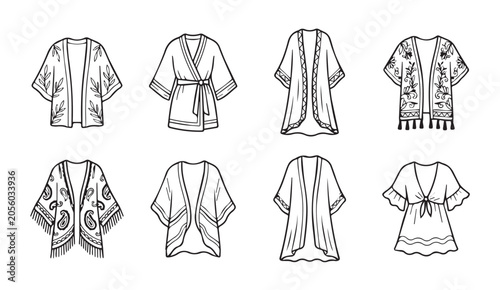 Fashion eight distinct kimono jacket styles with diverse patterns and trims against a clean white background