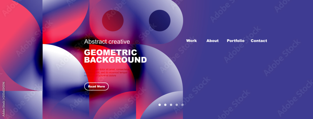 Naklejka premium Abstract website header design. Fluid shapes, vibrant colors, text overlay, navigation menu present. Modern aesthetic.