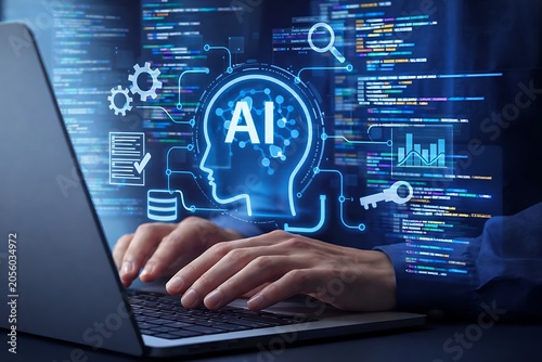 AI coding tool. Assisting software development and automating tasks. Programmer using AI to generate code for creating applications on laptop.