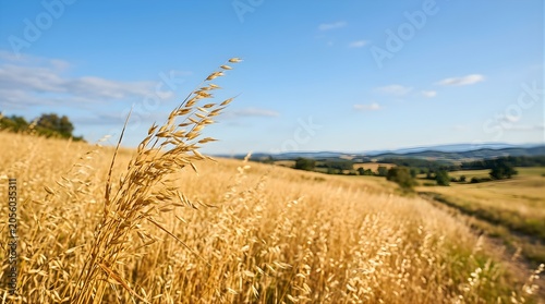Golden oat field under a bright blue sky during harvest time in summer
