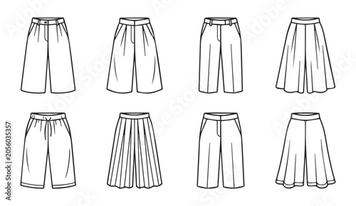 Flat vector sketches of eight different culotte and wide-leg pant styles on white background
