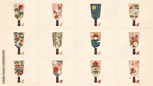 Canvas-taulu Collection of twelve wooden battledores decorated with traditional japanese nature motifs