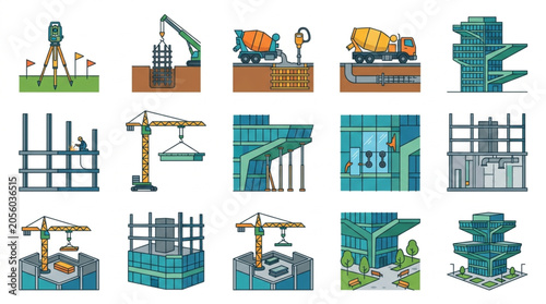 Bild auf Leinwand Construction Phases and Equipment Illustration.