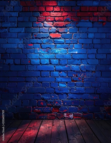 A dark blue brick wall with red accents and a wooden floor.