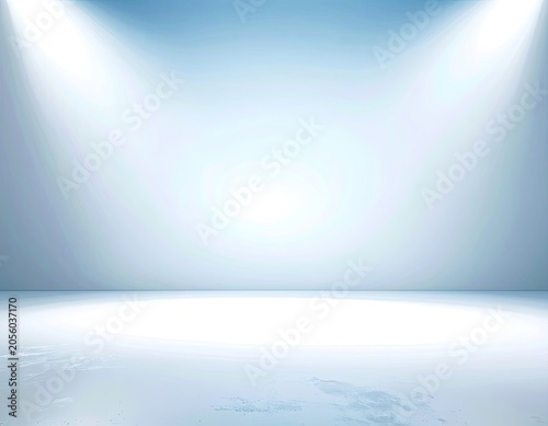 A bright, minimalist studio with two spotlights creating beams of light on a polished floor.