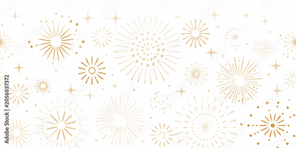 Fototapeta premium Golden Fireworks Pattern On White Background Seamless Celebration Design