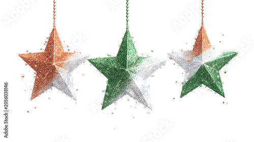 Three glittery stars in Indian flag colors isolated on transparent background