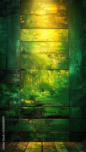 A textured background of weathered green wooden planks with a bright yellow light source illuminating the center.