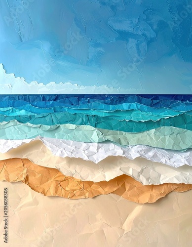Textured paper art depicts a serene beach scene with layered waves and sand.