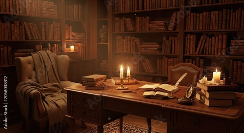 Cozy Vintage Library Study with Candles and Books