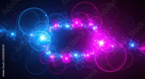 Abstract Space Background with Blue and Pink Glowing Neon Light Bubbles