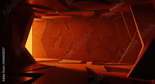 Abstract Geometric Futuristic Tunnel with Warm Orange Light and Angular Surfaces
