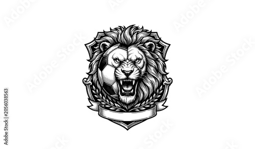 Εκτύπωση καμβά Premium football crest logo design with fierce roaring lion head soccer ball and