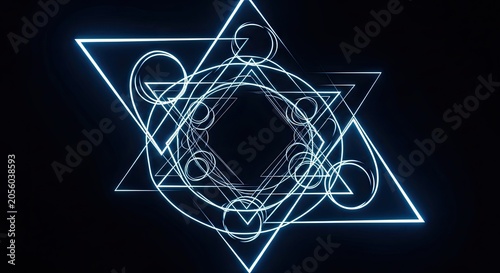 Abstract Neon Glowing Geometric Star Symbol with Circular Patterns