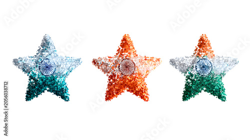 Three Indian flag stars with Ashoka Chakra isolated on transparent background