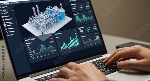 Hands on Laptop Displaying Industrial Digital Twin and Real time Analytics Dashboard