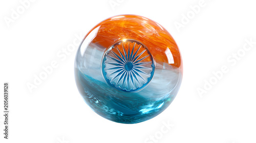 Glass sphere with Indian flag colors and Ashoka Chakra isolated on transparent background