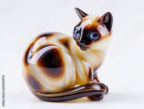 Glass Siamese Cat Figurine with Swirling Brown and White Patterns and Blue Eyes Studio Shot