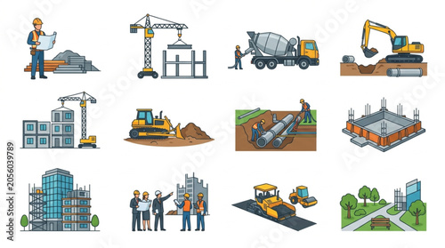 Bild auf Leinwand Construction Site Worker Illustrations.