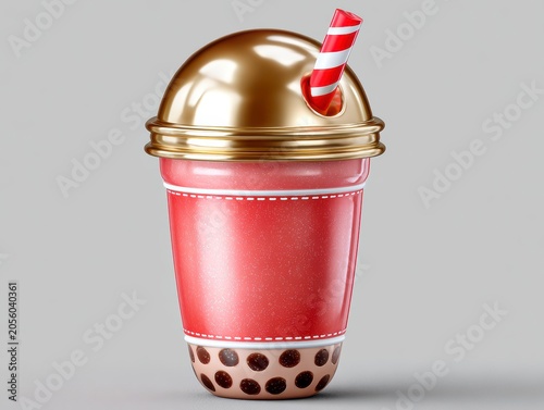 3D Render Of A Red Cup With Golden Lid And Striped Straw Against A Clean Grey Background