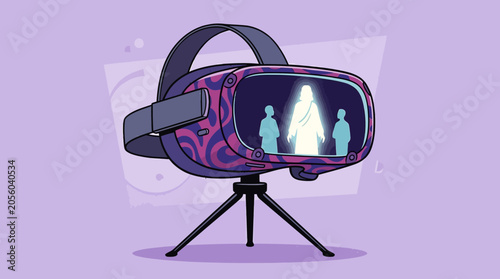 Futuristic virtual reality headset displaying glowing silhouette of Jesus Christ interacting with two figures creating spiritual and technological fusion for modern faith experiences