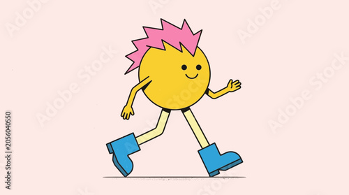 Whimsical cartoon yellow character with pink mohawk and blue boots walking with a cheerful expression, celebrating joy and happy movement in a fun illustration perfect for kids' content and...
