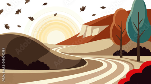 Abstract autumn landscape with flowing road, stylized trees, and falling leaves under a radiant sun, evoking a sense of peaceful travel and seasonal beauty in a modern, flat design style