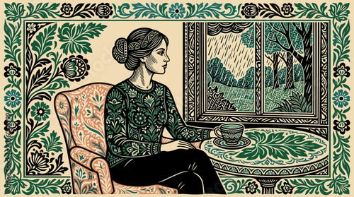 Elegant woman in vintage armchair gazes at rainy window scene, enjoying tea in a richly decorated room with floral motifs, evoking tranquility and nostalgia