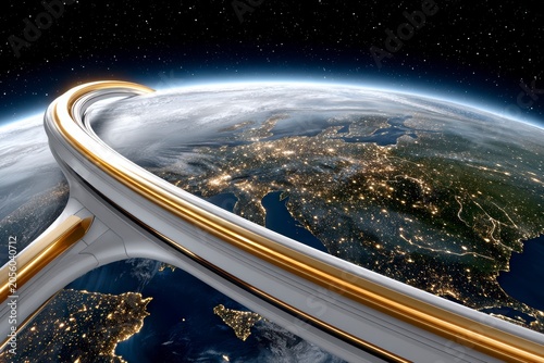 Futuristic Golden Orbiting Space Ring Encompassing Illuminated Planet Earth In Deep Dark Outer Space