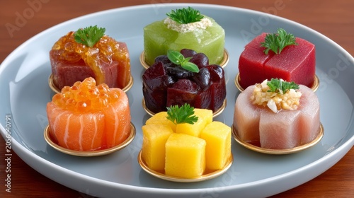 Assorted Gourmet Bites On A Grey Plate Featuring Colorful Fruit And Savory Culinary Delicacies