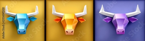 Minimalist Geometric Bull Head Logo Concept Set In Blue Gold And Purple On Textured Background