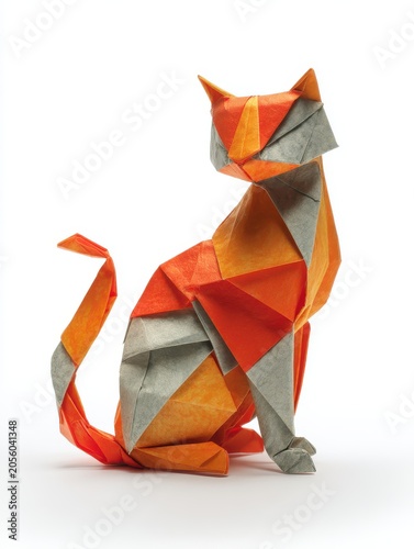 Orange and Grey Origami Cat Sculpture on White Background Artistic Paper Craft