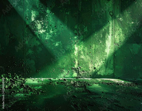 A gritty, textured green wall with scattered debris and light beams.