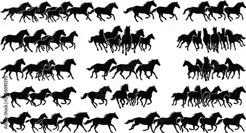 Foto Running Herd of Wild Horses Silhouette Vector Set Featuring Galloping Mustangs a