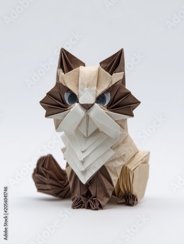 Origami Cat Figure in Ragdoll Style Detailed Paper Craft on White Background Studio Lighting