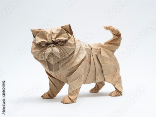 Origami Cat Sculpture Tan Paper Detailed Folds Standing White Background Studio Lighting