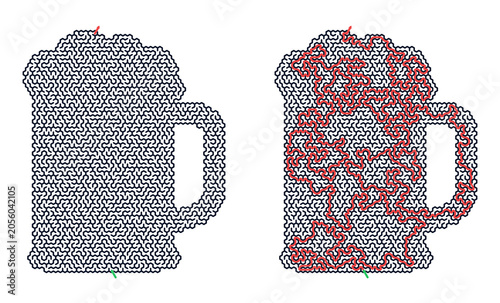 Beer mug maze game design with complex pathway on a transparent background  